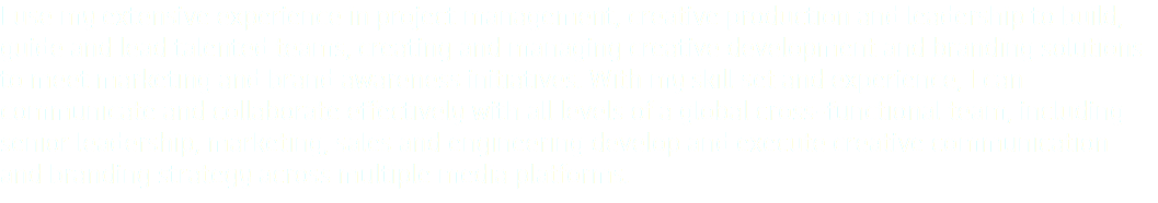 I use my extensive experience in project management, creative production and leadership to build, guide and lead talented teams, creating and managing creative development and branding solutions to meet marketing and brand awareness initiatives. With my skill set and experience, I can communicate and collaborate effectively with all levels of a global cross-functional team, including senior leadership, marketing, sales and engineering develop and execute creative communication and branding strategy across multiple media platforms.